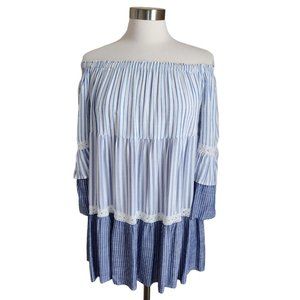 Surf Gypsy Bell Sleeve Tunic Boho Hippie Beach Cover Up Top Blue Ruffle Sz M